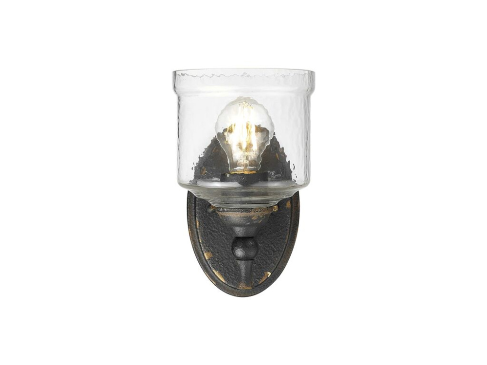 Keating 1 Light Wall Sconce in Antique Black Iron with Hammered Water Glass Shade